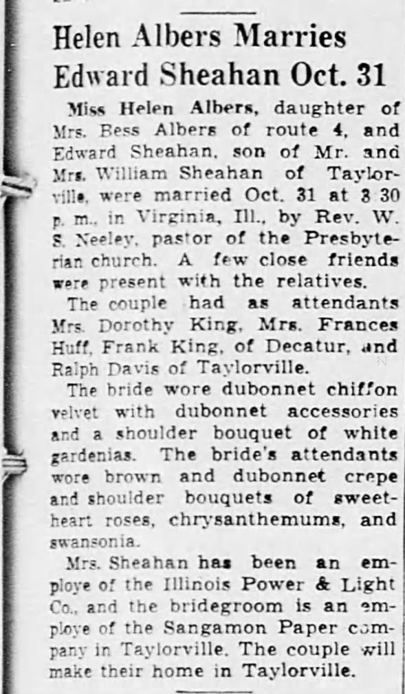 Helen Albers and Edward Sheahan Marriage 1936